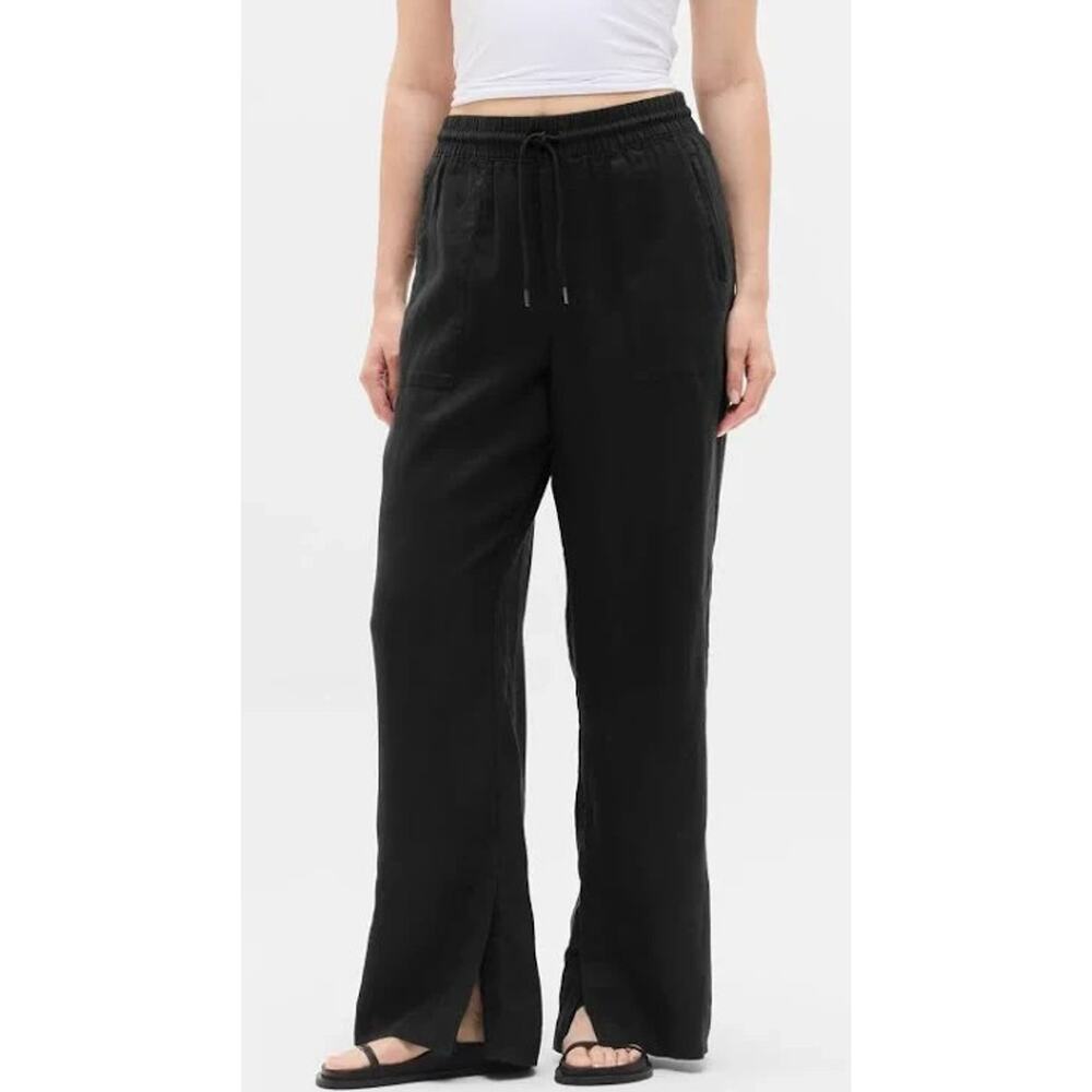 Athleta Retreat Linen High Rise Wide Leg Pants XL Black Pull On Pockets Relaxed